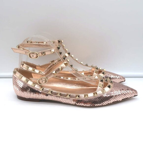 Valentino Sequin Rockstud Caged Ballet Flats Metallic Rose Gold Size 39 NEW - Picture 2 of 11